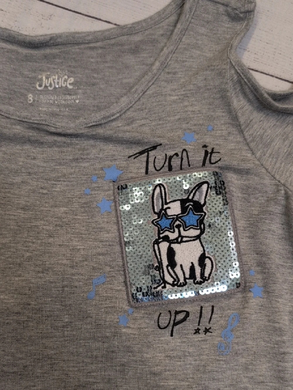 Justice Girls' Gray Cold-Shoulder Tee with Sequin Bulldog Patch